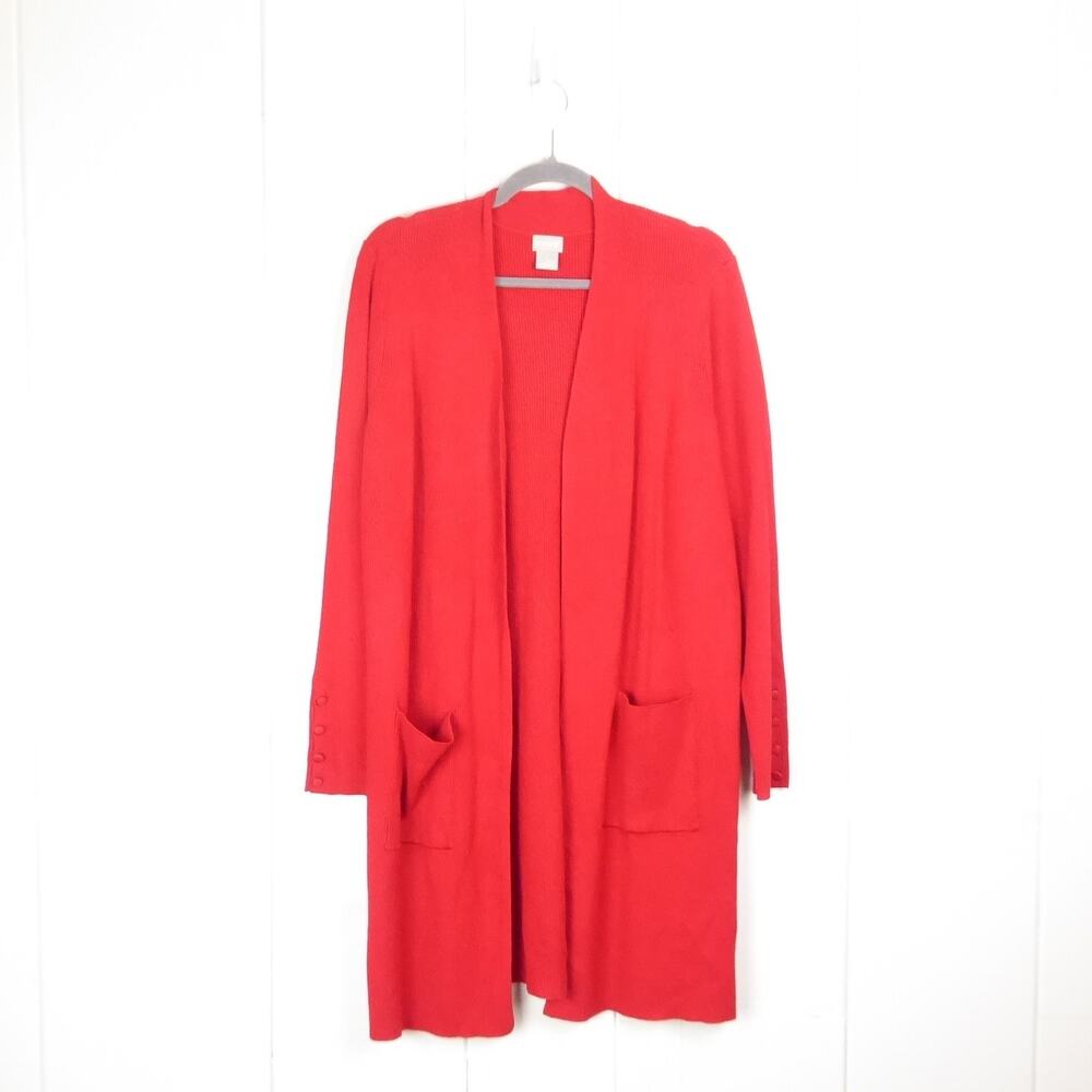 Chicos Cardigan Womens SZ 2 US L Open Front Long Ribbed Minimalist Lagenlook